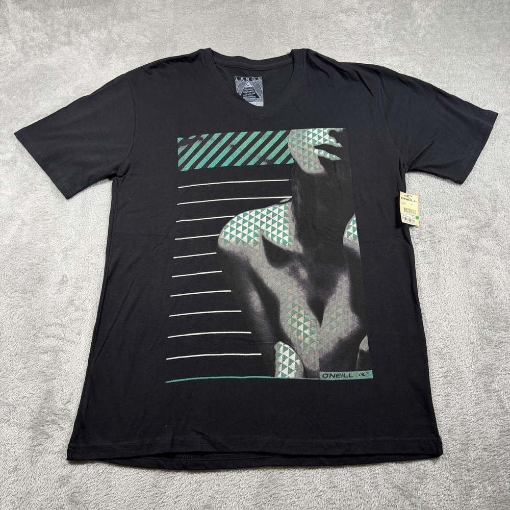 O'Neill Shirt Mens Large Black V-Neck Geometric‎ Photo Graphic Surf T-Shirt NWT